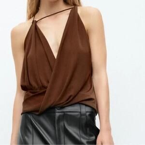 ZARA Halter Wrap Crop Top Brown Draped asymmetrical NWT Adjustable Drape Tank S